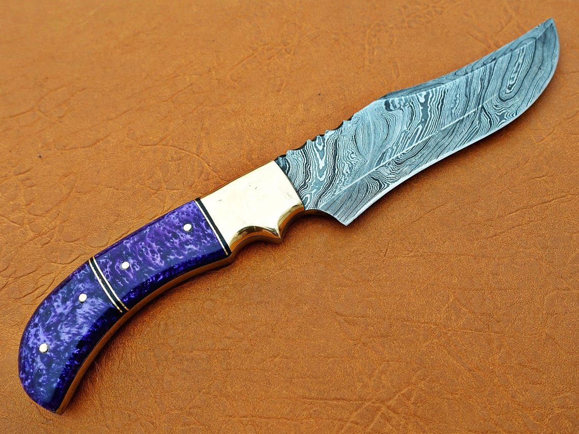 Damascus Hunting Knife, Damascus Steel Classic Bowie Knife, 12" Brass Clip Bolster, Purple Risen Handle, Fixed Blade, Full Tang - Image 7