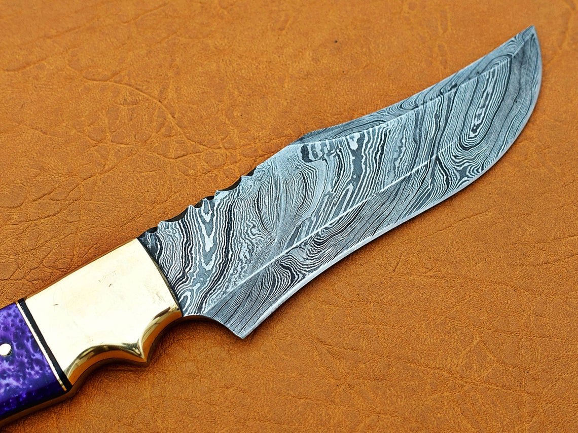 Damascus Hunting Knife, Damascus Steel Classic Bowie Knife, 12" Brass Clip Bolster, Purple Risen Handle, Fixed Blade, Full Tang - Image 8