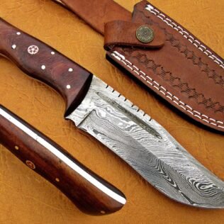 Damascus Hunting Knife, Damascus Steel Classic Bowie Knife, 9″ Walnut Wood Handle, Fixed Blade, Full Tang,Damascus Steel Hunting Knife