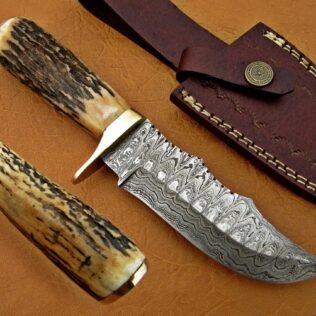 Damascus Deer Antler Hunting Knife, Brass Clip, 9″ Deer Antler Handle, Fixed Blade,Damascus Steel Hunting Knife