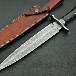 Custom Handmade Feather Pattern Damascus Steel Hunting Bowie Knife With Leather Sheath