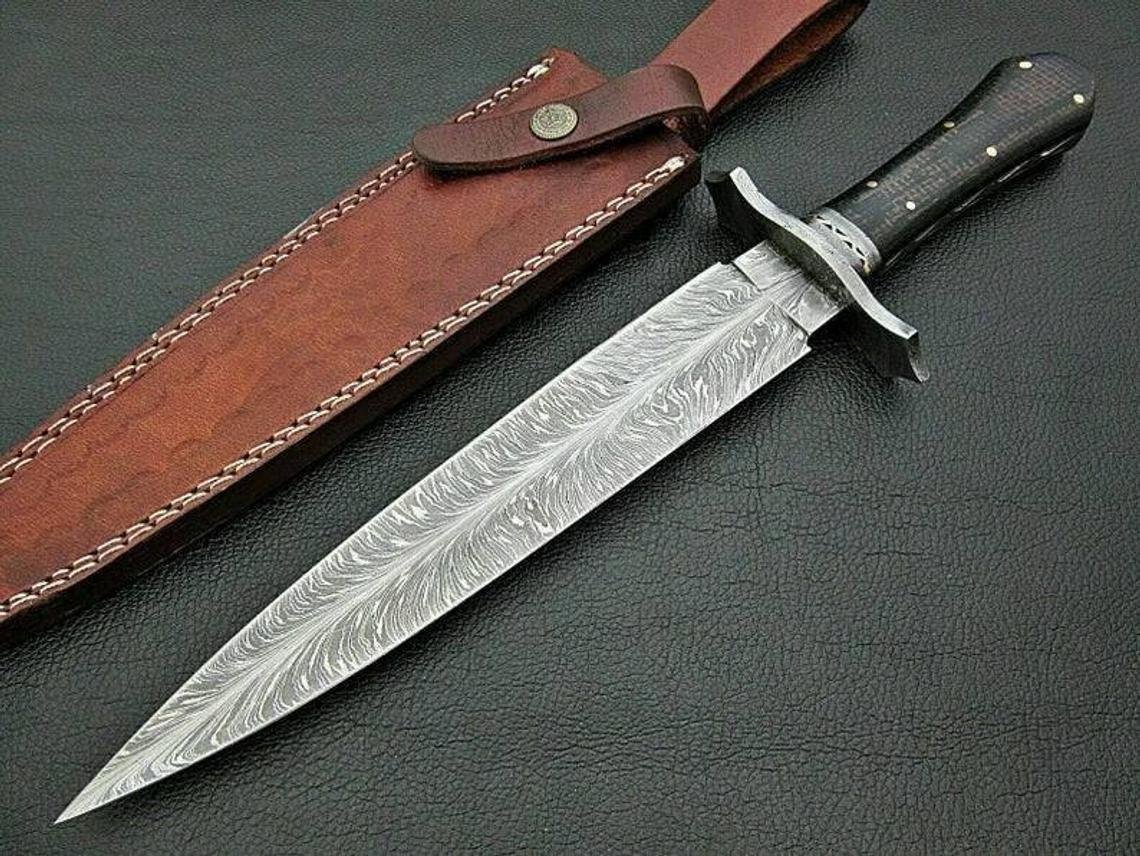 Custom Handmade Feather Pattern Damascus Steel Hunting Bowie Knife With Leather Sheath