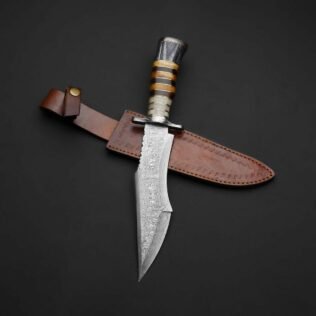Custom Handmade Damascus Steel Hunting Knife With Leather Sheath