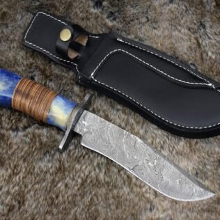 DAMASCUS HUNTING KNIFE, Custom Damascus knife, 12.0″ ,Hand forged, Damascus steel bowie knife, Damascus Guard, Stacked Leather handle