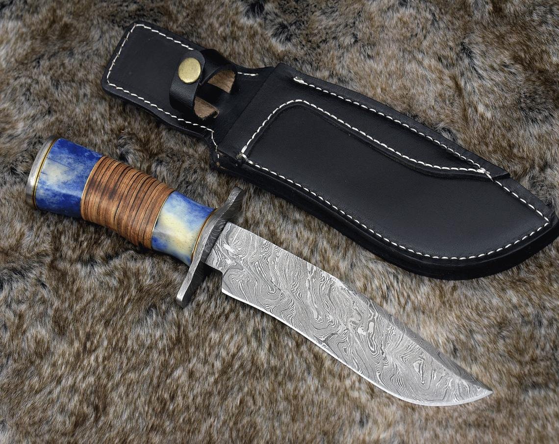 DAMASCUS HUNTING KNIFE, Custom Damascus knife, 12.0" ,Hand forged, Damascus steel bowie knife, Damascus Guard, Stacked Leather handle
