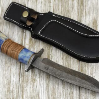 DAMASCUS HUNTING KNIFE, Custom Damascus knife, 12.0″ ,Hand forged, Damascus steel bowie knife, Damascus Guard, Stacked Leather handle