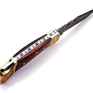 Personalizable Custom Hand Made Damascus Steel Folding Pocket Knife with Handle Olive Wood with Leather Sheeth