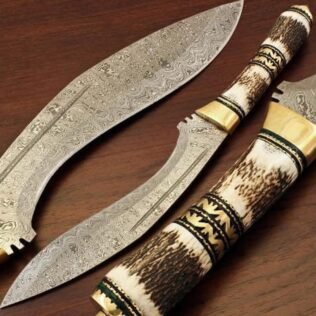Beautiful gift for him Deer Antler Handmade Damascus Kukri Knife 18″ – Camping, Hunting, Hiking, Bushcraft, Gurkha, Kukri, Machete