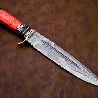 DAMASCUS HUNTING KNIFE, 13″ ,Hand forged, Damascus steel knife, Brass Guard Spacer, Bowie knife with Red Jasper Stone Handle