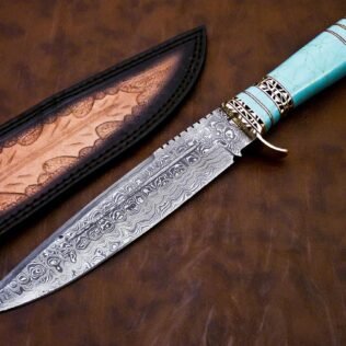 DAMASCUS HUNTING KNIFE, 13″ ,Hand forged, Damascus steel knife, Brass Guard Spacer, Bowie knife with Turquoise Blue Stone Handle