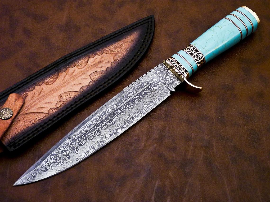 DAMASCUS HUNTING KNIFE, 13" ,Hand forged, Damascus steel knife, Brass Guard Spacer, Bowie knife with Turquoise Blue Stone Handle - Image 2
