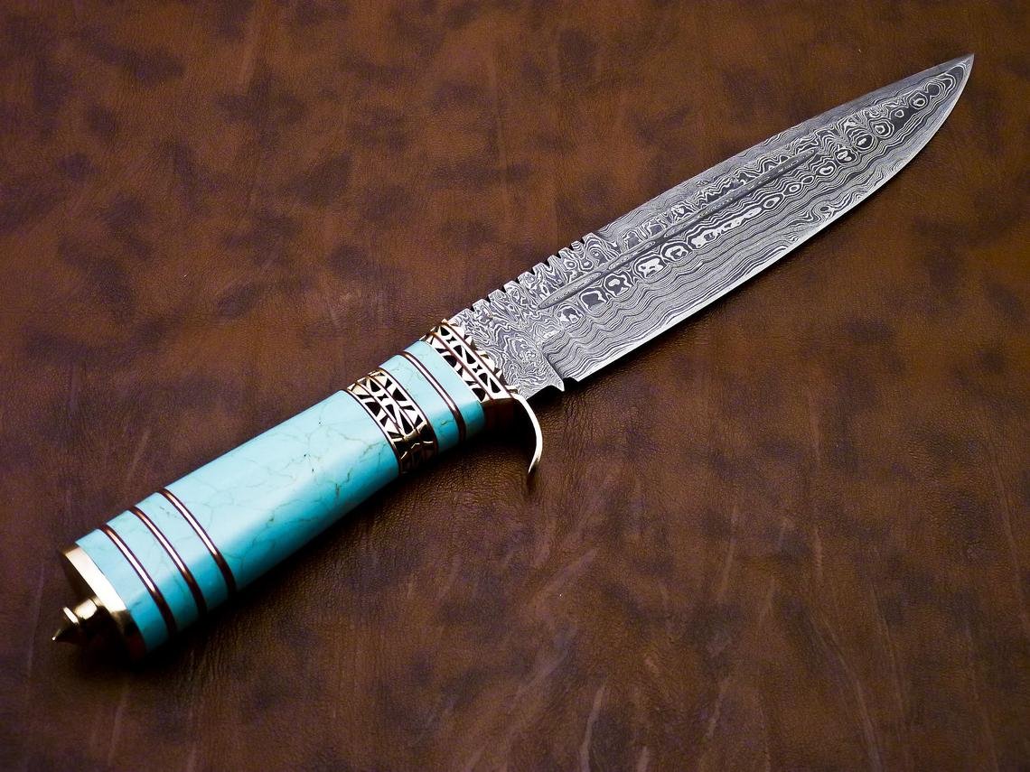 DAMASCUS HUNTING KNIFE, 13" ,Hand forged, Damascus steel knife, Brass Guard Spacer, Bowie knife with Turquoise Blue Stone Handle - Image 3