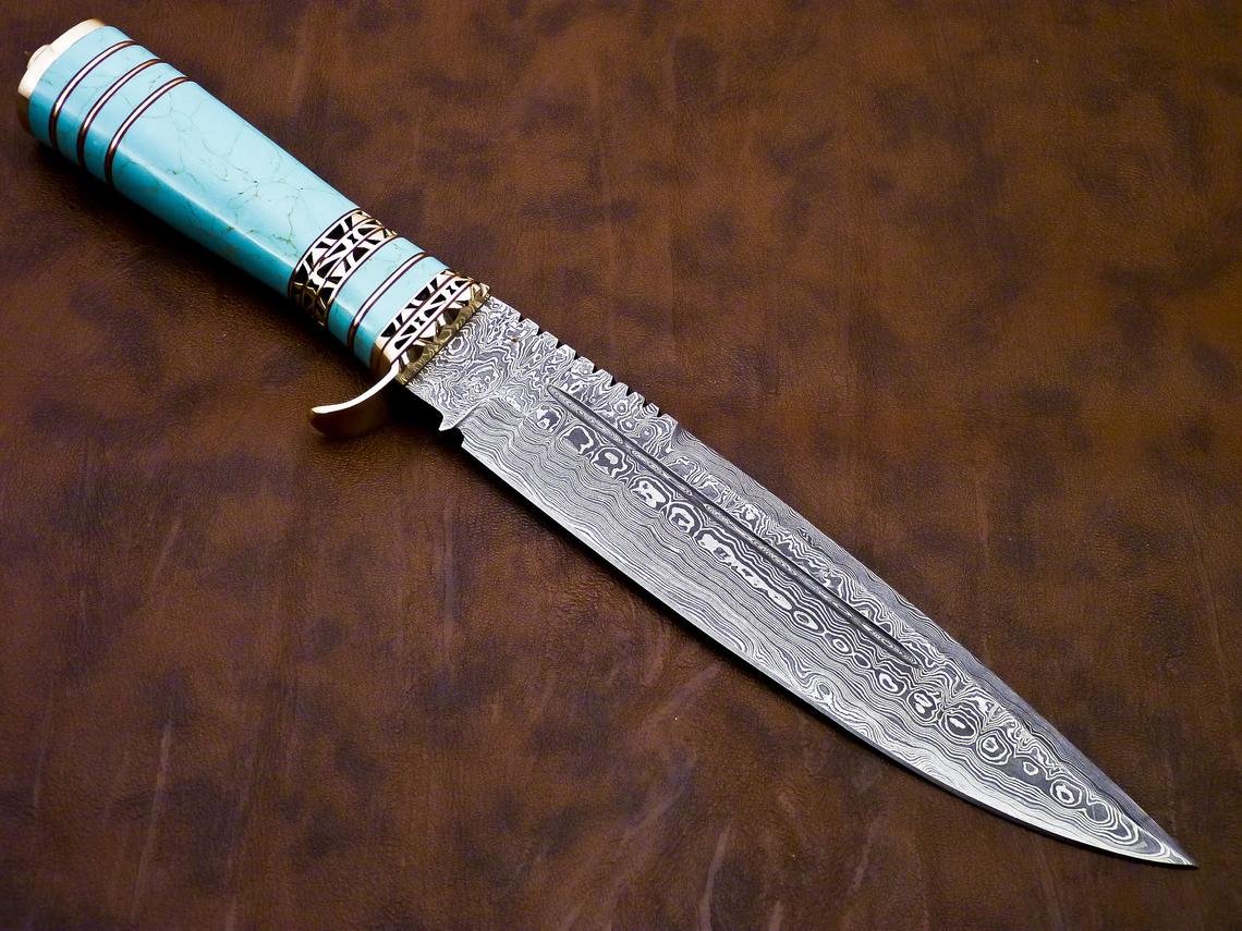 DAMASCUS HUNTING KNIFE, 13" ,Hand forged, Damascus steel knife, Brass Guard Spacer, Bowie knife with Turquoise Blue Stone Handle - Image 4
