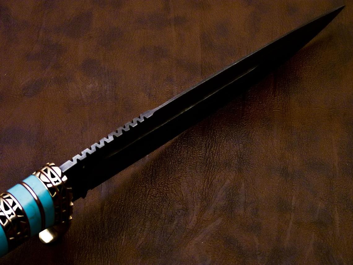 DAMASCUS HUNTING KNIFE, 13" ,Hand forged, Damascus steel knife, Brass Guard Spacer, Bowie knife with Turquoise Blue Stone Handle - Image 5