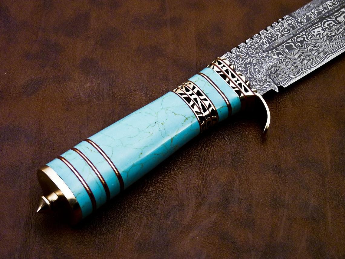 DAMASCUS HUNTING KNIFE, 13" ,Hand forged, Damascus steel knife, Brass Guard Spacer, Bowie knife with Turquoise Blue Stone Handle - Image 6