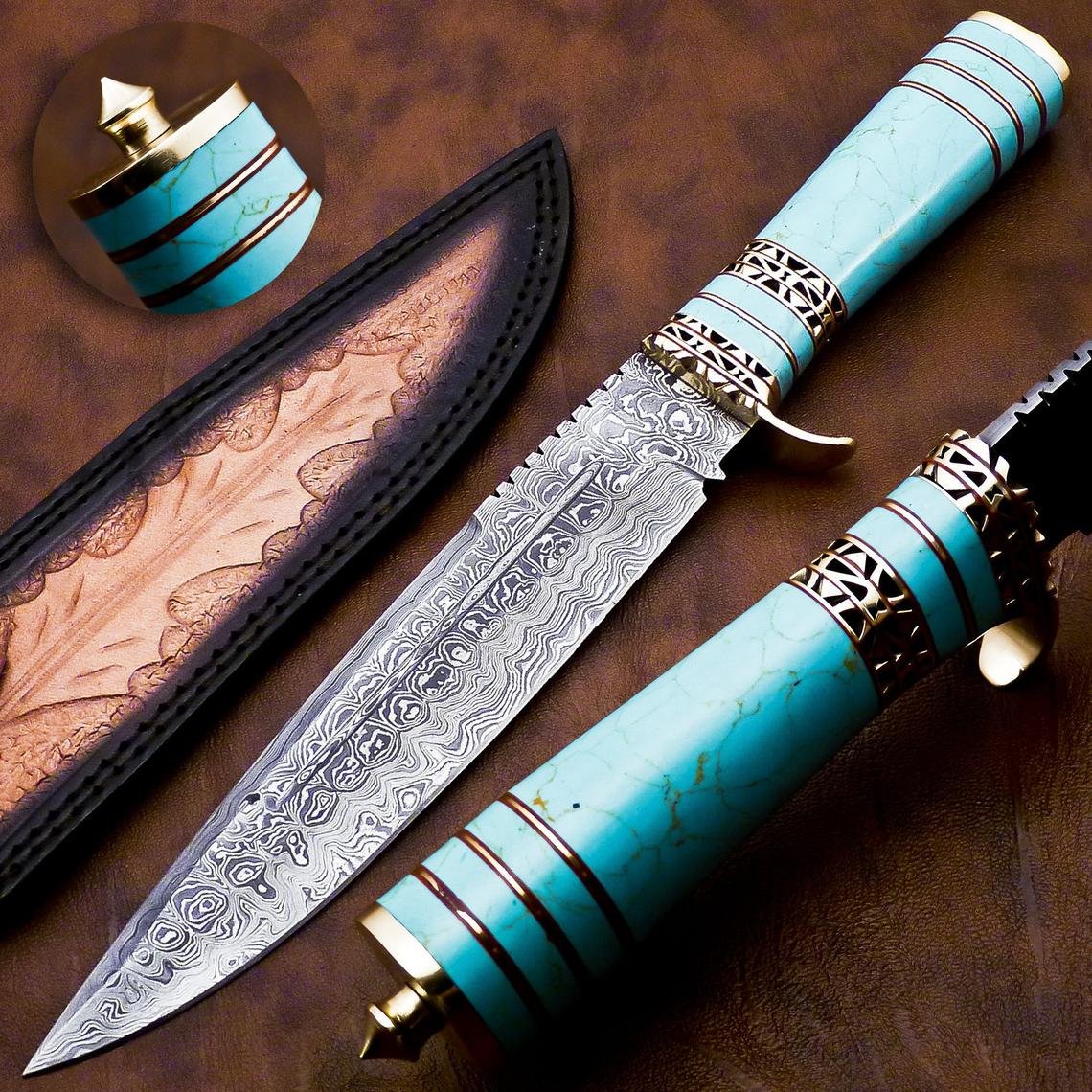 DAMASCUS HUNTING KNIFE, 13" ,Hand forged, Damascus steel knife, Brass Guard Spacer, Bowie knife with Turquoise Blue Stone Handle