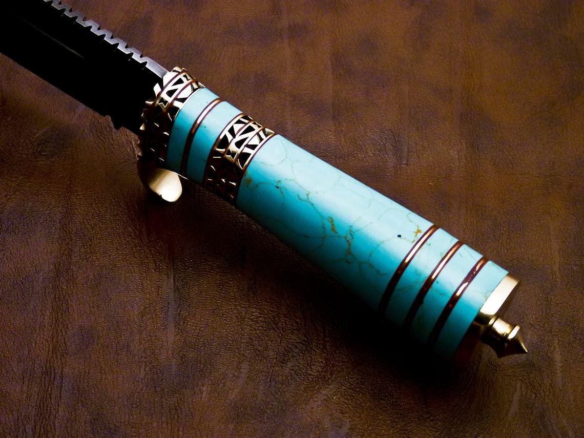 DAMASCUS HUNTING KNIFE, 13" ,Hand forged, Damascus steel knife, Brass Guard Spacer, Bowie knife with Turquoise Blue Stone Handle - Image 8