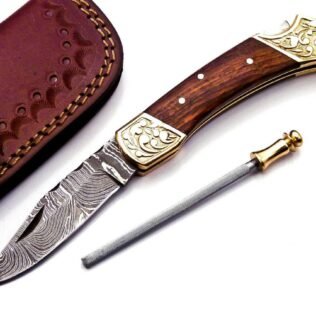 Personalizable Custom Hand Made Damascus Steel Folding Pocket Knife with Handle Olive Wood with Leather Sheeth