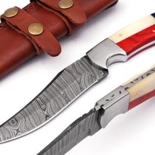 Custom Hand Made Forged Damascus Steel TEXAS Flag Hunting Knife Wood/Bone