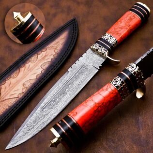 DAMASCUS HUNTING KNIFE, 13″ ,Hand forged, Damascus steel knife, Brass Guard Spacer, Bowie knife with Red Jasper Stone Handle