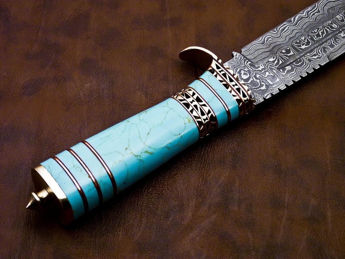 DAMASCUS HUNTING KNIFE, 13" ,Hand forged, Damascus steel knife, Brass Guard Spacer, Bowie knife with Turquoise Blue Stone Handle - Image 9
