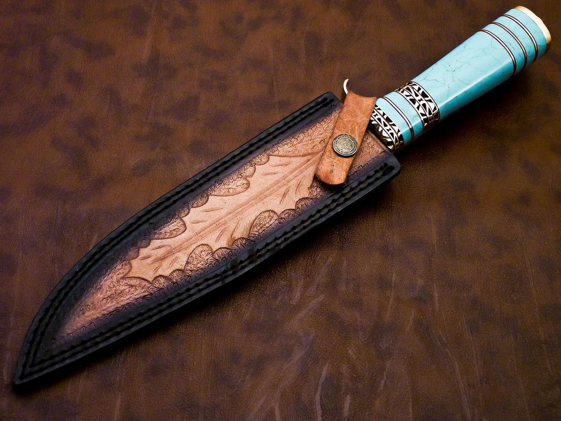 DAMASCUS HUNTING KNIFE, 13" ,Hand forged, Damascus steel knife, Brass Guard Spacer, Bowie knife with Turquoise Blue Stone Handle - Image 10