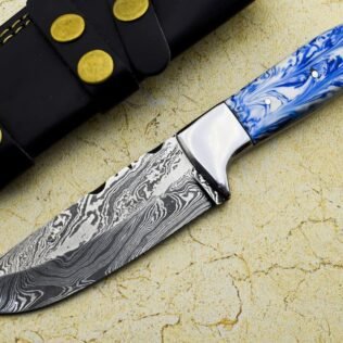 Custom Handmade Damascus Steel Hunting knife BLUE & White Razon Handle Leather Sheath Size 19.05 cm Stainless Steel Bolster Knife