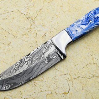 Custom Handmade Damascus Steel Hunting knife BLUE & White Razon Handle Leather Sheath Size 19.05 cm Stainless Steel Bolster Knife