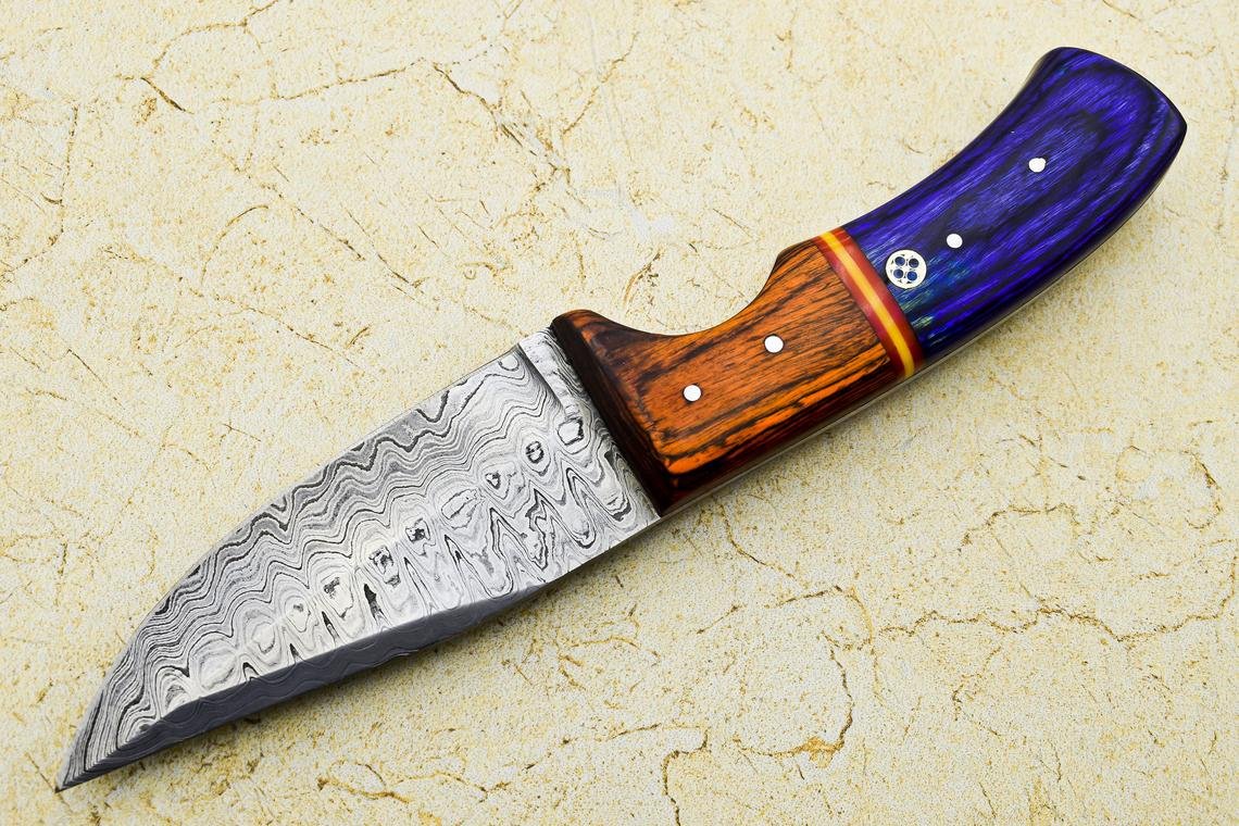 Custom Handmade Damascus Steel Hunting knife Wooden Handle Leather Sheath Size 22.23 cm Mosaic Pin Handle - Image 2