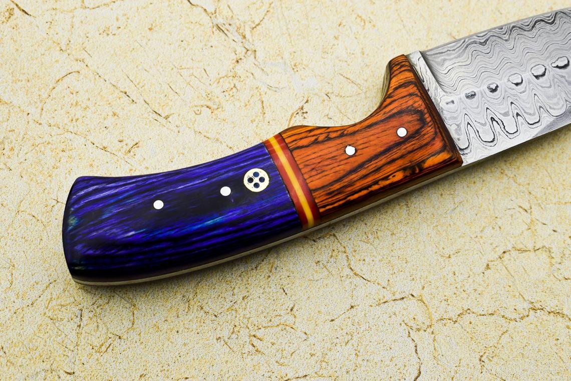 Custom Handmade Damascus Steel Hunting knife Wooden Handle Leather Sheath Size 22.23 cm Mosaic Pin Handle - Image 3