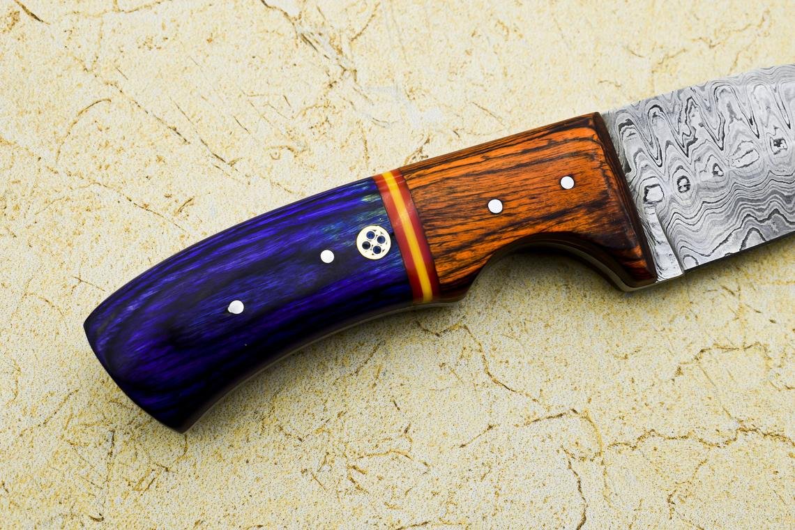 Custom Handmade Damascus Steel Hunting knife Wooden Handle Leather Sheath Size 22.23 cm Mosaic Pin Handle - Image 4