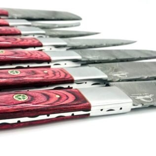 Master Chef Knife Set Red Swirl Pakka Wood Damascus Steel 7 Piece Set With Custom Leather Case