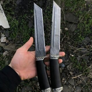 Custom Handmade Executive Damascus Steel Hunting Knife With Black Leather Cover Handle