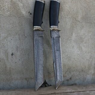 Custom Handmade Executive Damascus Steel Hunting Knife With Black Leather Cover Handle