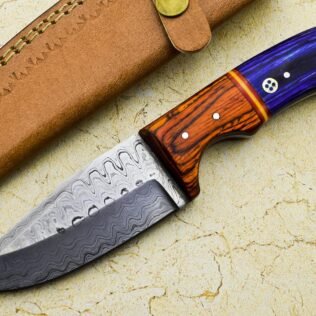 Custom Handmade Damascus Steel Hunting knife Wooden Handle Leather Sheath Size 22.23 cm Mosaic Pin Handle