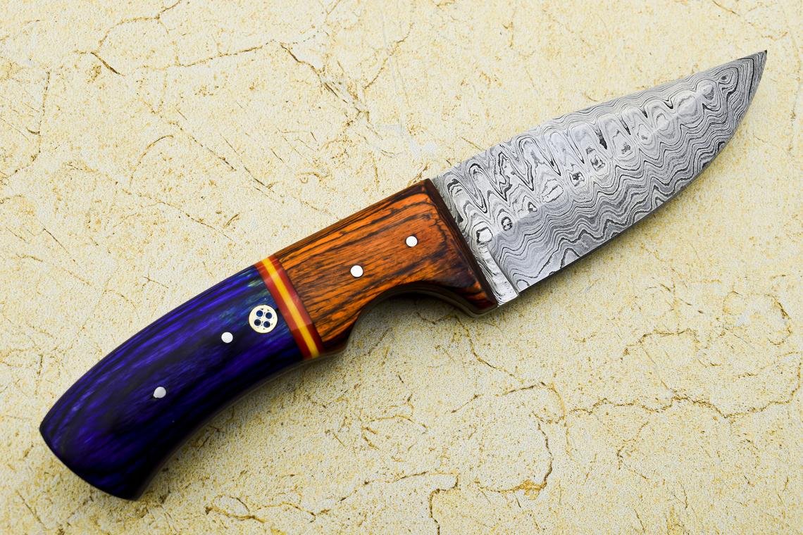 Custom Handmade Damascus Steel Hunting knife Wooden Handle Leather Sheath Size 22.23 cm Mosaic Pin Handle - Image 7