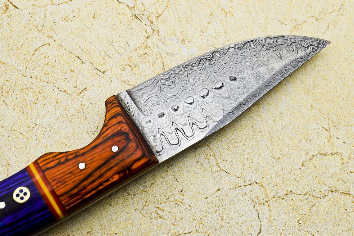 Custom Handmade Damascus Steel Hunting knife Wooden Handle Leather Sheath Size 22.23 cm Mosaic Pin Handle - Image 9