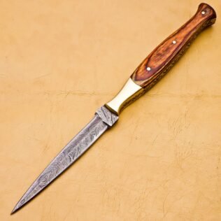 Custom Hand Made Forged Hunter Knife Damascus Steel Boot Throwing Dagger Hunting Knife Wood and Brass HANDLE Handle With Leather Sheath