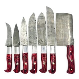 Master Chef Knife Set Red Swirl Pakka Wood Damascus Steel 7 Piece Set With Custom Leather Case