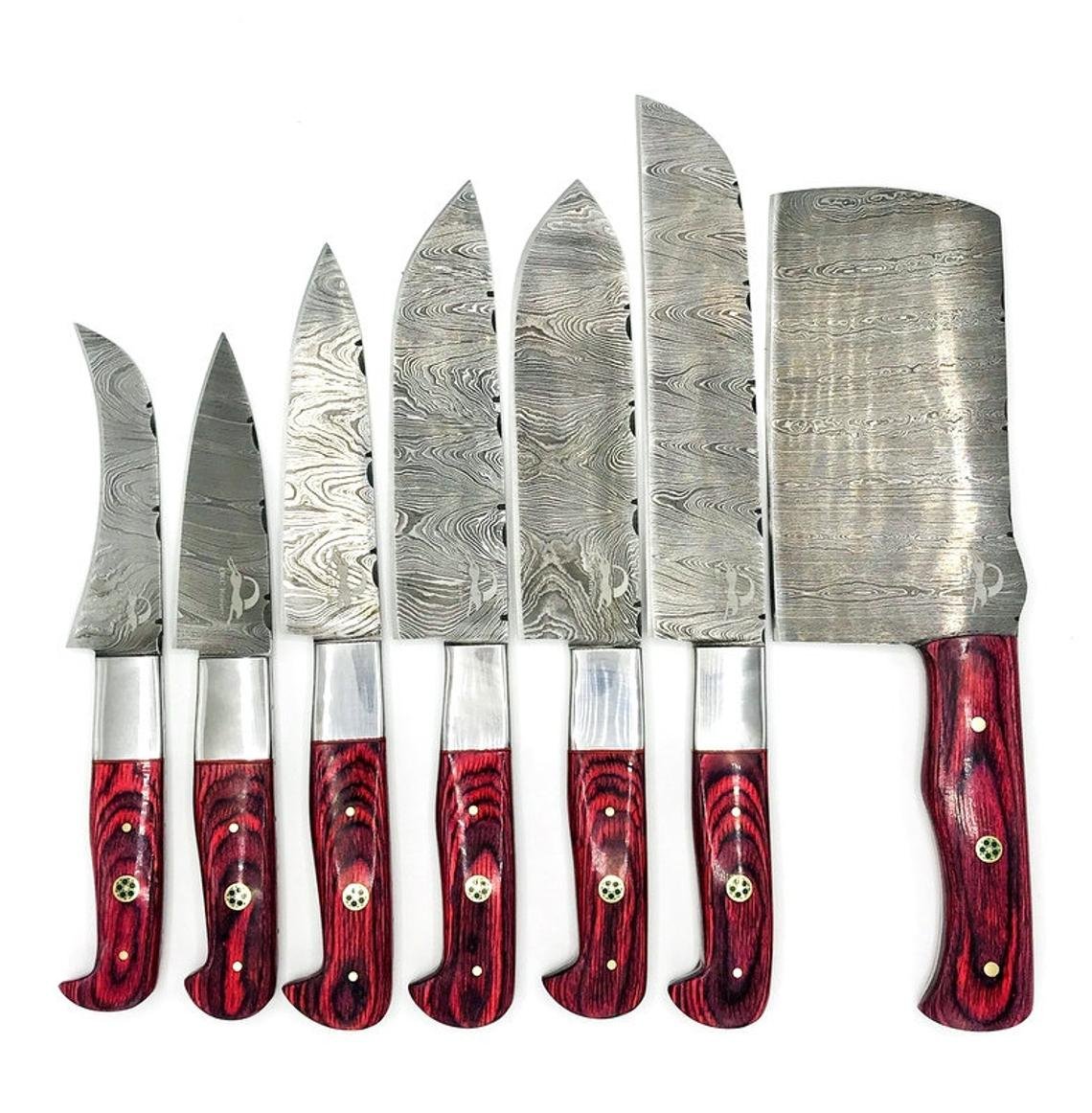 Master Chef Knife Set Red Swirl Pakka Wood Damascus Steel 7 Piece Set With Custom Leather Case