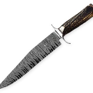Custom Handmade Professional Damascus Steel Blade Hunting Camping Bowie Knife With Original Natural Horns Stag Handle And Steel Bolster