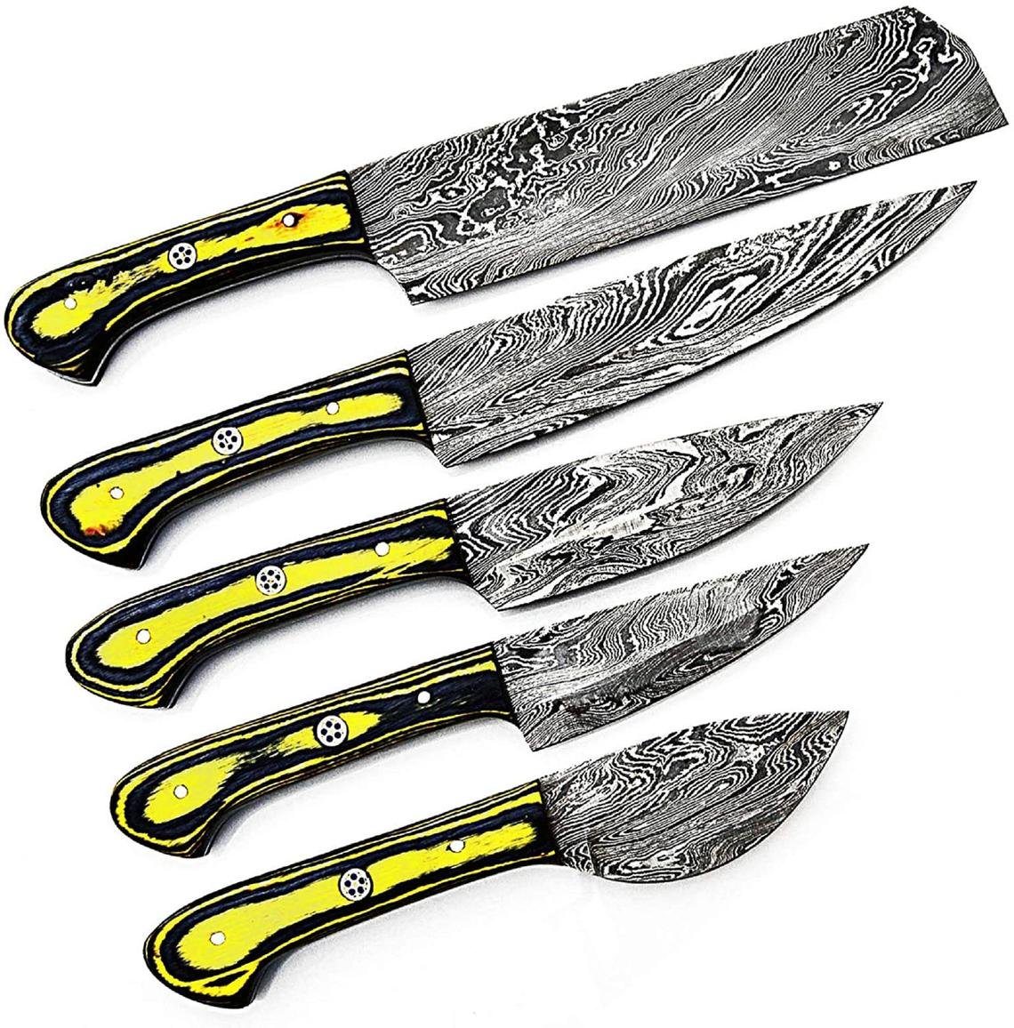 Custom Handmade Damascus Chef Knives Set/Kitchen Knives 5 Pieces Set Black and Yellow Colored Wood - Image 4
