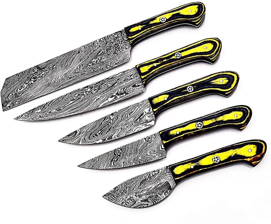 Custom Handmade Damascus Chef Knives Set/Kitchen Knives 5 Pieces Set Black and Yellow Colored Wood - Image 5