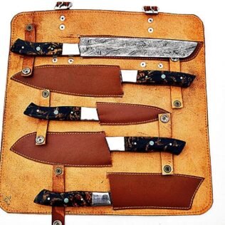 Custom Handmade Damascus Chef Knives Set/Kitchen Knives 5 Pieces Set Handle is Made of Walnut Wood and Bolster is Made of Steel