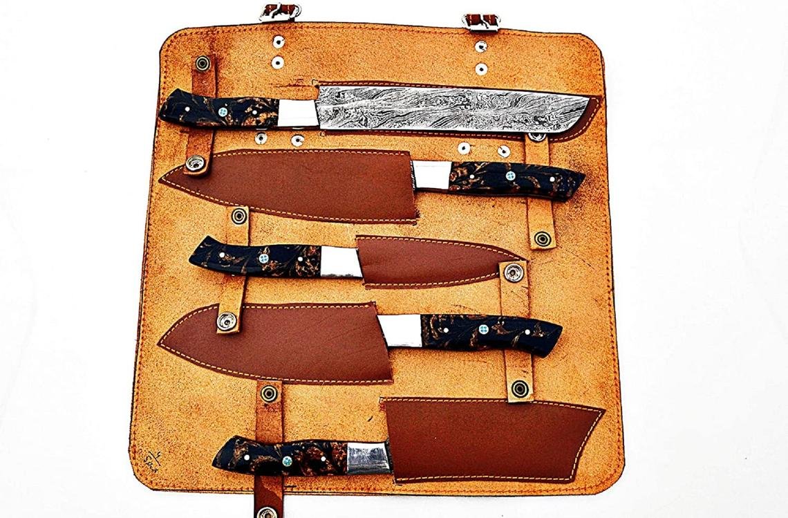 Custom Handmade Damascus Chef Knives Set/Kitchen Knives 5 Pieces Set Handle is Made of Walnut Wood and Bolster is Made of Steel - Image 2