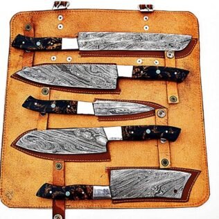 Custom Handmade Damascus Chef Knives Set/Kitchen Knives 5 Pieces Set Handle is Made of Walnut Wood and Bolster is Made of Steel
