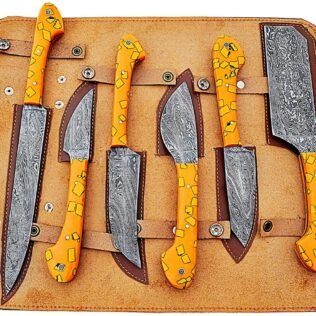 Custom Handmade Damascus Chef Knives Set/Kitchen Knives 6 Pieces Set (Yellow Resin)
