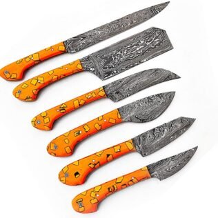 Custom Handmade Damascus Chef Knives Set/Kitchen Knives 6 Pieces Set (Yellow Resin)
