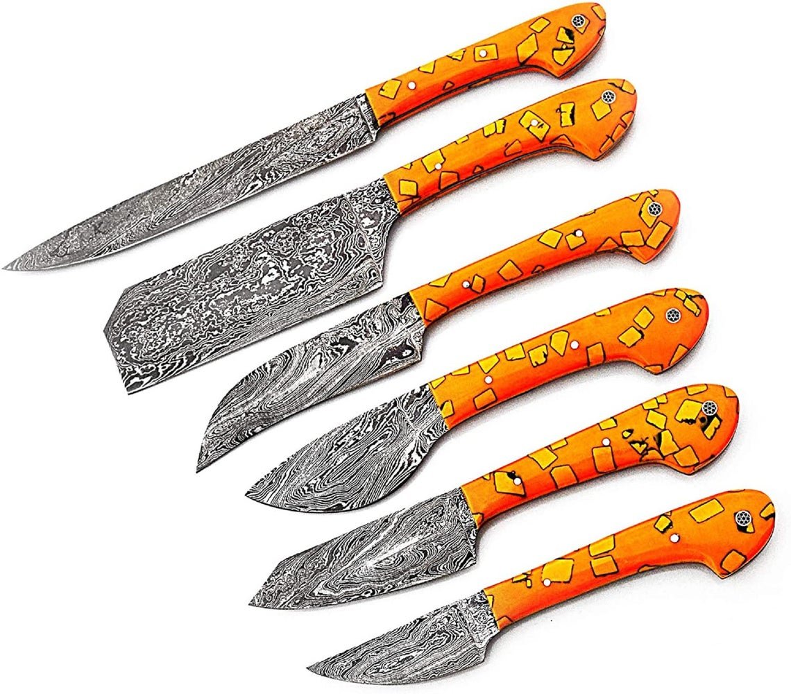 Custom Handmade Damascus Chef Knives Set/Kitchen Knives 6 Pieces Set (Yellow Resin) - Image 3