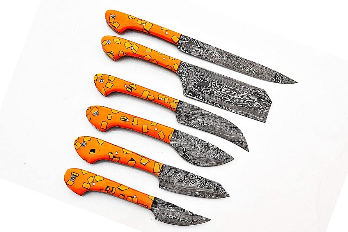 Custom Handmade Damascus Chef Knives Set/Kitchen Knives 6 Pieces Set (Yellow Resin) - Image 4